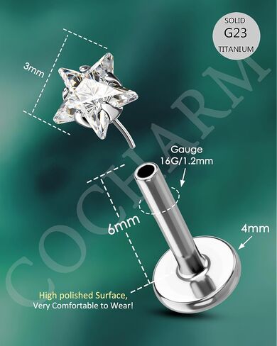COCHARM Star Helix/Tragus/Cartilage Piercing Jewelry 16G 6mm - Threadless Flat Back Tragus/Cartilage Earring Stud, Push Pin Surgical Steel Lobe Jewelry in Gold & Silver Tone in Kuwait