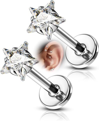 COCHARM Star Helix/Tragus/Cartilage Piercing Jewelry 16G 6mm - Threadless Flat Back Tragus/Cartilage Earring Stud, Push Pin Surgical Steel Lobe Jewelry in Gold & Silver Tone in Kuwait