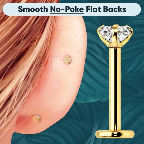 Internal Thread Earrings for Tragus, Helix, Conch Piercing Jewelry and Nose, Lip, Labret, Medusa, Monroe - Hypoallergenic Surgical Steel Screw-In Flat Back Studs for Women (20g, 18g, 16g - 6mm, 8mm) in Saudi Arabia
