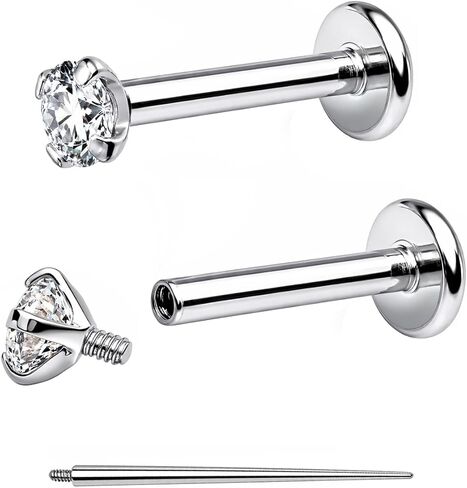 Internal Thread Earrings for Tragus, Helix, Conch Piercing Jewelry and Nose, Lip, Labret, Medusa, Monroe - Hypoallergenic Surgical Steel Screw-In Flat Back Studs for Women (20g, 18g, 16g - 6mm, 8mm) in Saudi Arabia
