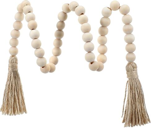 Decorative Beads Home Decor Boho Wood Garland with Tassels Farmhouse Wall Hanging Decorations Natural Wooden Tassel Decorative Room Hanging for Coffee Table Christmas and Prayer(Wood Color, 50inch) in Kuwait