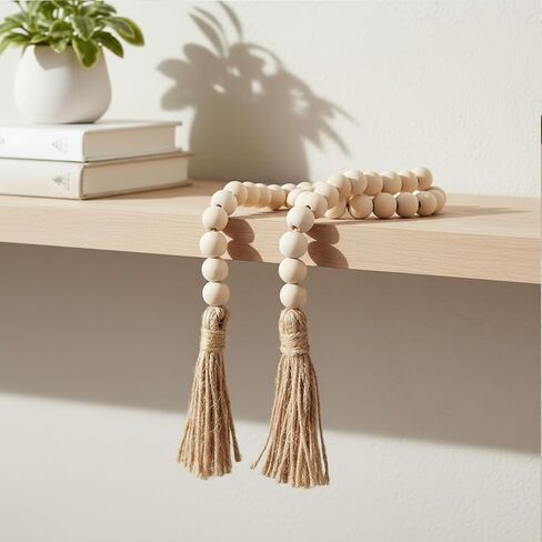 Decorative Beads Home Decor Boho Wood Garland with Tassels Farmhouse Wall Hanging Decorations Natural Wooden Tassel Decorative Room Hanging for Coffee Table Christmas and Prayer(Wood Color, 50inch) in Kuwait