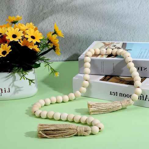 Decorative Beads Home Decor Boho Wood Garland with Tassels Farmhouse Wall Hanging Decorations Natural Wooden Tassel Decorative Room Hanging for Coffee Table Christmas and Prayer(Wood Color, 50inch) in Kuwait