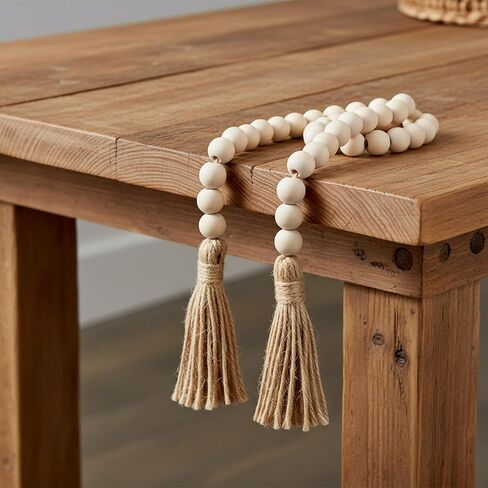 Decorative Beads Home Decor Boho Wood Garland with Tassels Farmhouse Wall Hanging Decorations Natural Wooden Tassel Decorative Room Hanging for Coffee Table Christmas and Prayer(Wood Color, 50inch) in Kuwait