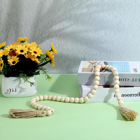 Decorative Beads Home Decor Boho Wood Garland with Tassels Farmhouse Wall Hanging Decorations Natural Wooden Tassel Decorative Room Hanging for Coffee Table Christmas and Prayer(Wood Color, 50inch) in Kuwait
