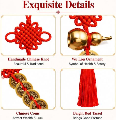 2Pcs Feng Shui Chinese Lucky Coin Hanging Charm with Gourd Pendant, Red Knot Decorative Ornament, Traditional Chinese Style Decor for Home, Car, Office in Saudi Arabia