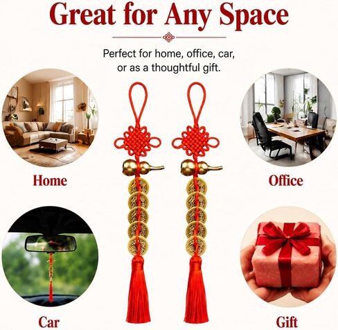 2Pcs Feng Shui Chinese Lucky Coin Hanging Charm with Gourd Pendant, Red Knot Decorative Ornament, Traditional Chinese Style Decor for Home, Car, Office in Saudi Arabia