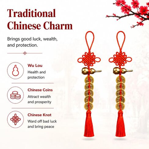 2Pcs Feng Shui Chinese Lucky Coin Hanging Charm with Gourd Pendant, Red Knot Decorative Ornament, Traditional Chinese Style Decor for Home, Car, Office in Saudi Arabia