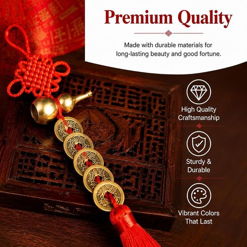 2Pcs Feng Shui Chinese Lucky Coin Hanging Charm with Gourd Pendant, Red Knot Decorative Ornament, Traditional Chinese Style Decor for Home, Car, Office in Saudi Arabia
