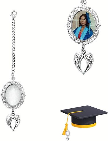 Graduation Memorial Tassel Charm 3 Photos Oval Vinatge Graduation Tassel Photo Charm with Wings Graduations Cap Decoration Tassels Charm Graduate Wedding Accessories for Cap Graduation Gift Silver in Kuwait