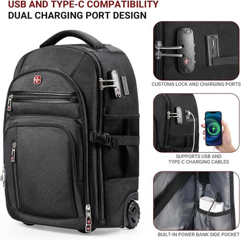 حقيبة الظهر المتداول مع العجلات ، موانئ شحن USB & Type-C ، 21 × 14x9 ، مقاومة للماء ، مقصورة كمبيوتر محمول 17.3 بوصة ، مواد إيفا ، قفل جمركي مدمج-حقيبة تجارية ذات عجلات للسفر ، العمل ، الكلية in Kuwait
