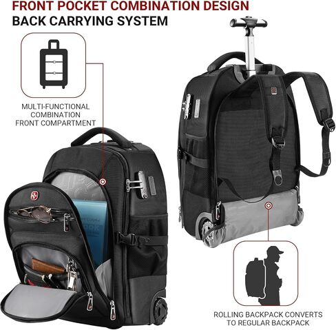 حقيبة الظهر المتداول مع العجلات ، موانئ شحن USB & Type-C ، 21 × 14x9 ، مقاومة للماء ، مقصورة كمبيوتر محمول 17.3 بوصة ، مواد إيفا ، قفل جمركي مدمج-حقيبة تجارية ذات عجلات للسفر ، العمل ، الكلية in Kuwait