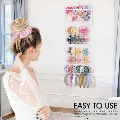 SNOWSTAR Hair Claw Clip Organizer, Large Transparent Bag for Scrunchies Holder and Hair Ties Organizer with Women Girls, Hair Accessorie Hanging Storage Home Decor Wall, Door in Kuwait