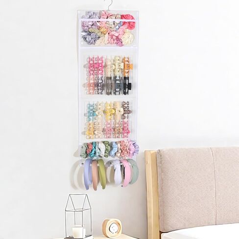 SNOWSTAR Hair Claw Clip Organizer, Large Transparent Bag for Scrunchies Holder and Hair Ties Organizer with Women Girls, Hair Accessorie Hanging Storage Home Decor Wall, Door in Kuwait