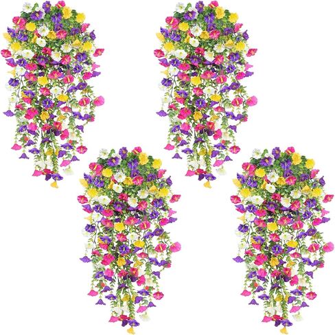 4PCS Artificial Hanging Flowers for Outdoors Summer Decoration, Fake Hanging Plants Faux Petunias with Eucalyptus, UV Resistant No Fade Plastic Realistic Silk Flowers for Porch Patio Balcony Indoor in Kuwait