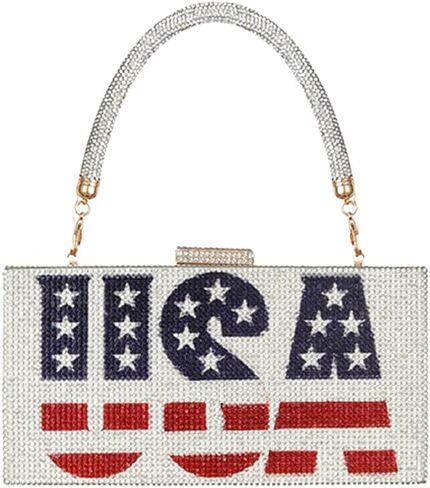 Women's American Flag Rhinestone Crossbody Evening Purse - Patriotic Red White Blue Clutch Bag in Saudi Arabia