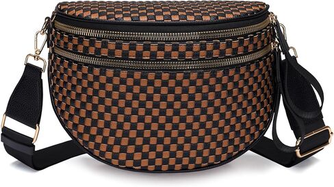 Fashion Checkered Woven Crossbody Bum Bag for Women Vegan Leather Double Zip Sling Purse Fanny Packs Belt Bag with Adjustable Strap for Travel Festival in Saudi Arabia