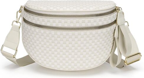 Fashion Checkered Woven Crossbody Bum Bag for Women Vegan Leather Double Zip Sling Purse Fanny Packs Belt Bag with Adjustable Strap for Travel Festival in Saudi Arabia