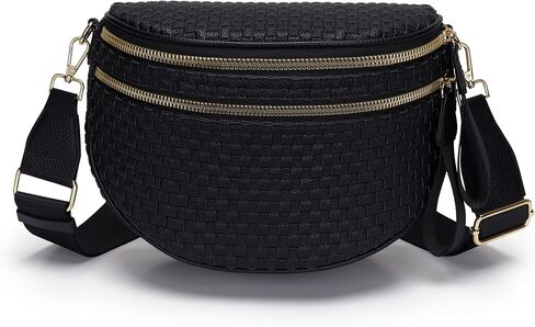 Fashion Checkered Woven Crossbody Bum Bag for Women Vegan Leather Double Zip Sling Purse Fanny Packs Belt Bag with Adjustable Strap for Travel Festival in Saudi Arabia