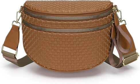 Fashion Checkered Woven Crossbody Bum Bag for Women Vegan Leather Double Zip Sling Purse Fanny Packs Belt Bag with Adjustable Strap for Travel Festival in Saudi Arabia