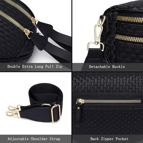 Fashion Checkered Woven Crossbody Bum Bag for Women Vegan Leather Double Zip Sling Purse Fanny Packs Belt Bag with Adjustable Strap for Travel Festival in Saudi Arabia