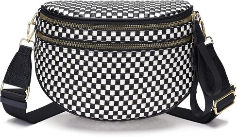 Fashion Checkered Woven Crossbody Bum Bag for Women Vegan Leather Double Zip Sling Purse Fanny Packs Belt Bag with Adjustable Strap for Travel Festival in Saudi Arabia