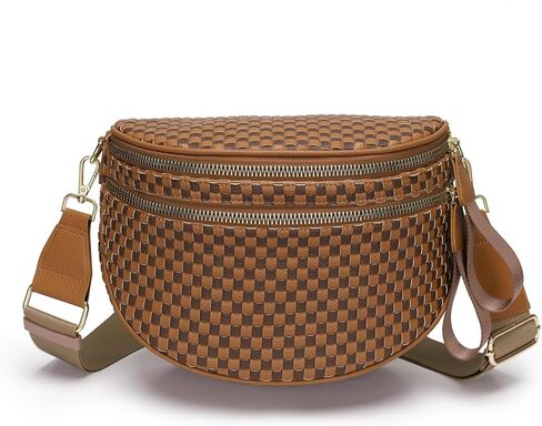Fashion Checkered Woven Crossbody Bum Bag for Women Vegan Leather Double Zip Sling Purse Fanny Packs Belt Bag with Adjustable Strap for Travel Festival in Saudi Arabia