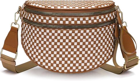 Fashion Checkered Woven Crossbody Bum Bag for Women Vegan Leather Double Zip Sling Purse Fanny Packs Belt Bag with Adjustable Strap for Travel Festival in Saudi Arabia