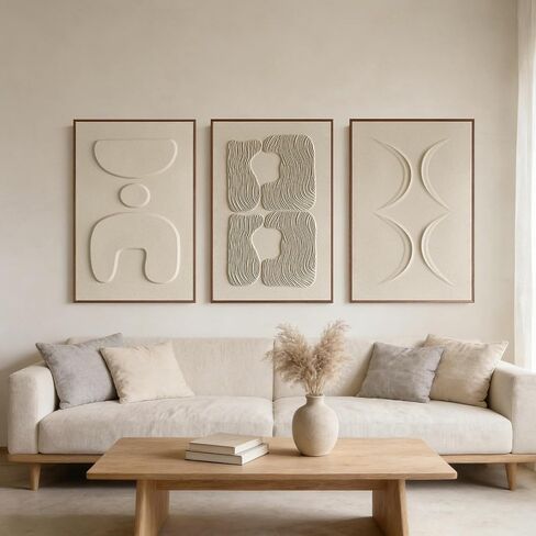 Large 3D Textured Wall Art for Living Room, Set of 3 Wabi Sabi Abstract Sandstone Relief Artwork with Solid Catalpa Wood Frame, Minimalist Triptych Pictures for Hallway Entryway, Sand Beige, 24x36 In in Saudi Arabia