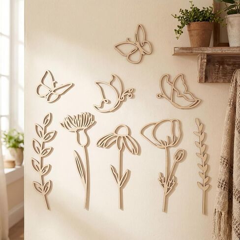 Novabright 9 Pcs Wooden Wildflower Wall Decor Boho Flower Cutout Nursery Decor Floral Sign Decal for Bedroom Living Room in Kuwait