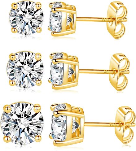 MDFUN 18K White/Yellow Gold Plated Stud Earrings for Men Women 4 Prong Graduated Round Clear Cubic Zirconia Hypoallergenic Earrings Set 3-8MM in Kuwait