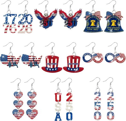 250th Anniversary USA Earrings Set - 9Pcs Patriotic Independence Day American Flag Eagle Acrylic Glitter Earring for 4th of July, American Independence Celebration Accessories for Gifts in Saudi Arabia