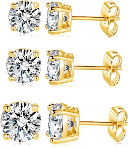 MDFUN 18K White/Yellow Gold Plated Stud Earrings for Men Women 4 Prong Graduated Round Clear Cubic Zirconia Hypoallergenic Earrings Set 3-8MM in Kuwait