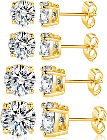 MDFUN 18K White/Yellow Gold Plated Stud Earrings for Men Women 4 Prong Graduated Round Clear Cubic Zirconia Hypoallergenic Earrings Set 3-8MM in Kuwait