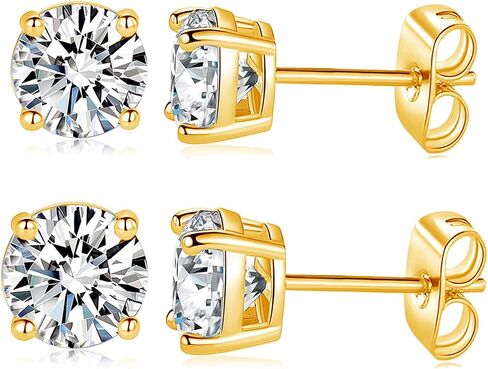 MDFUN 18K White/Yellow Gold Plated Stud Earrings for Men Women 4 Prong Graduated Round Clear Cubic Zirconia Hypoallergenic Earrings Set 3-8MM in Kuwait