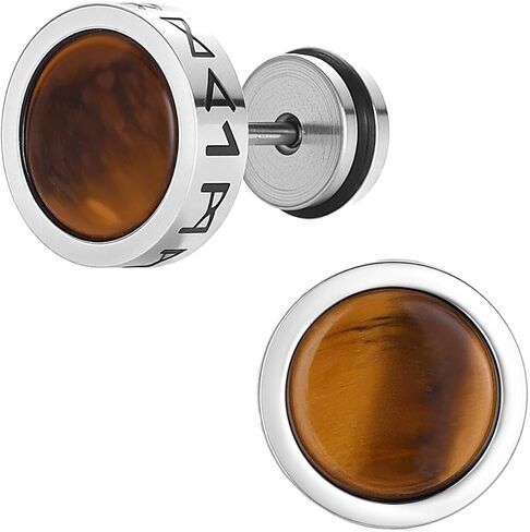Viking Norse Runes Stud Earrings for Men, 316L Surgical Stainless Steel Faux Gauge Ear Plugs with Tiger Eye & Black Agate, Vintage Celtic Punk Hip Hop Jewelry, Hypoallergenic Piercing Gifts for Him in Saudi Arabia