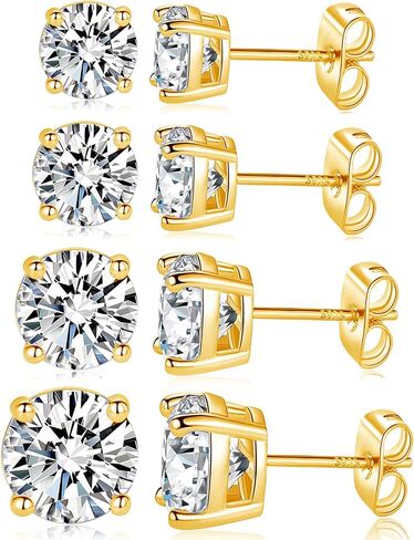 MDFUN 18K White/Yellow Gold Plated Stud Earrings for Men Women 4 Prong Graduated Round Clear Cubic Zirconia Hypoallergenic Earrings Set 3-8MM in Kuwait