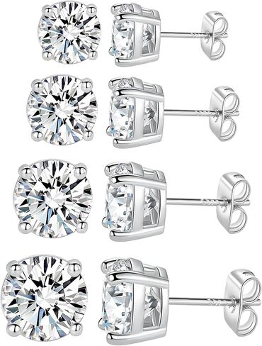 MDFUN 18K White/Yellow Gold Plated Stud Earrings for Men Women 4 Prong Graduated Round Clear Cubic Zirconia Hypoallergenic Earrings Set 3-8MM in Kuwait