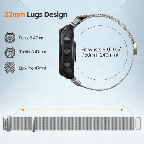 22mm Milanese Loop Compatible with Garmin Fenix 8-47mm/E-47mm/7/7pro/6/6pro/5/5plus, Quick Fit Mesh Metal Strap for Forerunner 970/965/955/945/935/745/Tactix 8-47mm/Epix Pro 47mm/Instinct 2 in Saudi Arabia