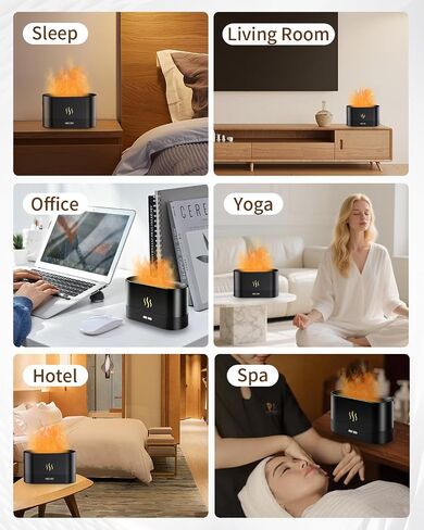 Flame Effect Essential Oil Diffuser, Ultrasonic Aromatherapy Humidifier, Upgraded 7 Color Changing Lights with Ultra Quiet, Auto Shut-Off for Bedroom Home Office Yoga & Gift (180mL, Black) in Kuwait