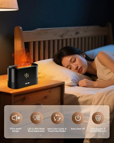 Flame Effect Essential Oil Diffuser, Ultrasonic Aromatherapy Humidifier, Upgraded 7 Color Changing Lights with Ultra Quiet, Auto Shut-Off for Bedroom Home Office Yoga & Gift (180mL, Black) in Kuwait