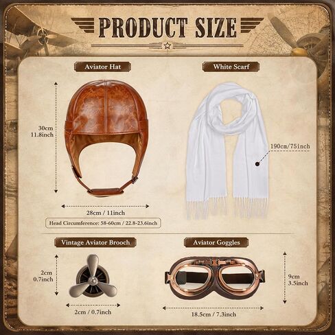 Horolam Aviator Costume Accessories, Vintage Aviator Hat With Goggles Scarf Leather Pilot Cap for Adult Halloween Party (Classic) in Saudi Arabia