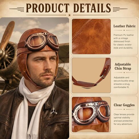 Horolam Aviator Costume Accessories, Vintage Aviator Hat With Goggles Scarf Leather Pilot Cap for Adult Halloween Party (Classic) in Saudi Arabia