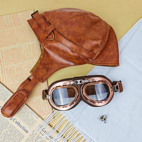 Horolam Aviator Costume Accessories, Vintage Aviator Hat With Goggles Scarf Leather Pilot Cap for Adult Halloween Party (Classic) in Saudi Arabia