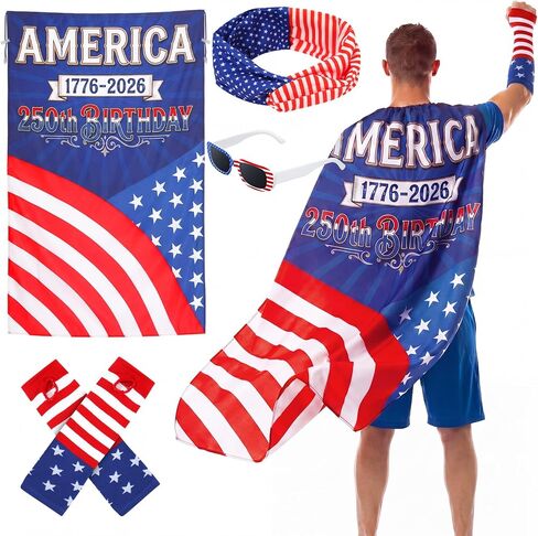 Hercicy 4 Pcs 250th Anniversary American Flag Costume Cape 4th of July 250th Independence Day Patriotic Accessories for Adult with Headband Glasses Gloves for USA Celebration Outfits in Kuwait
