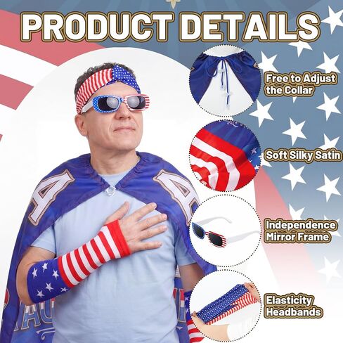 Hercicy 4 Pcs 250th Anniversary American Flag Costume Cape 4th of July 250th Independence Day Patriotic Accessories for Adult with Headband Glasses Gloves for USA Celebration Outfits in Kuwait