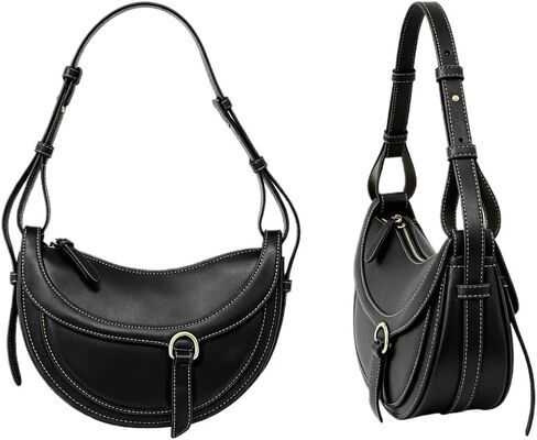 Women's Saddle Bag, Vintage Crescent Shoulder Leather Bag, Belt Buckle Detail, Black and Brown, Crossbody Commuter Tote in Saudi Arabia
