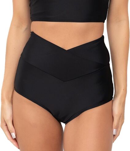 MANAVA Vacationer Bottom Black Women’s High Rise V Cut Bikini Bottom, Ruched High Waisted Swim Bottoms - (XXS - 3XL) in Kuwait