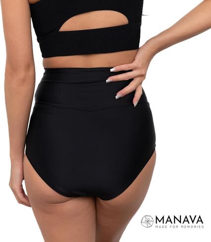 MANAVA Vacationer Bottom Black Women’s High Rise V Cut Bikini Bottom, Ruched High Waisted Swim Bottoms - (XXS - 3XL) in Kuwait