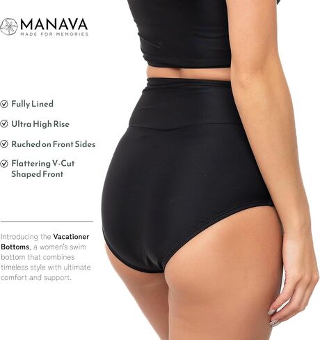MANAVA Vacationer Bottom Black Women’s High Rise V Cut Bikini Bottom, Ruched High Waisted Swim Bottoms - (XXS - 3XL) in Kuwait
